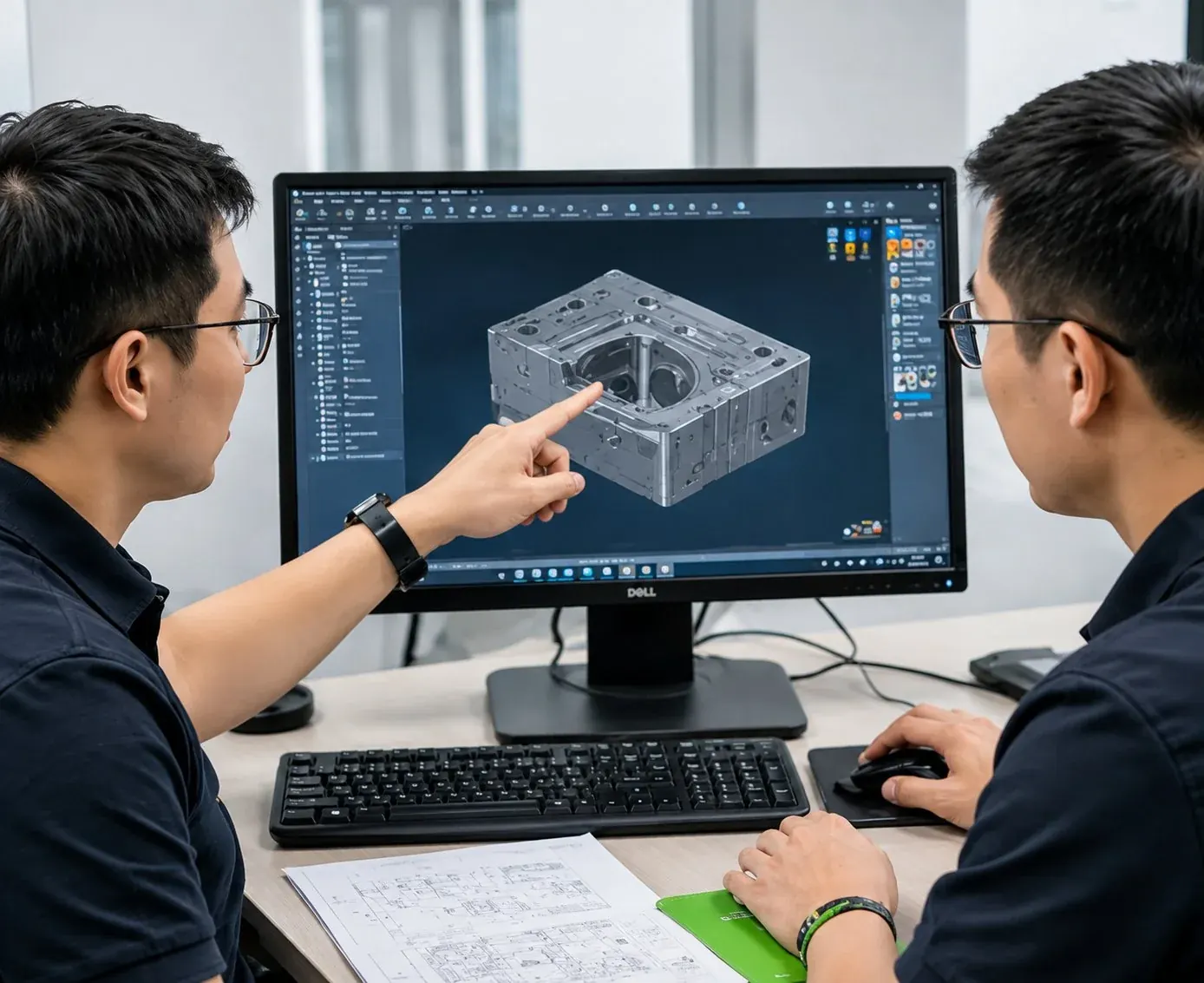 Engineers reviewing DFM on screen